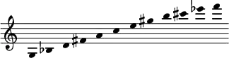  \new Staff \with { \remove "Time_signature_engraver" \remove "Bar_engraver" } \relative c' { \clef treble \override Stem #'transparent = ##t g4 bes d fis a c e gis b cis ees f } 