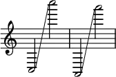  { \override Score.TimeSignature #'stencil = ##f    c2 \glissando c''''2  a,2 \glissando a'''2  } 